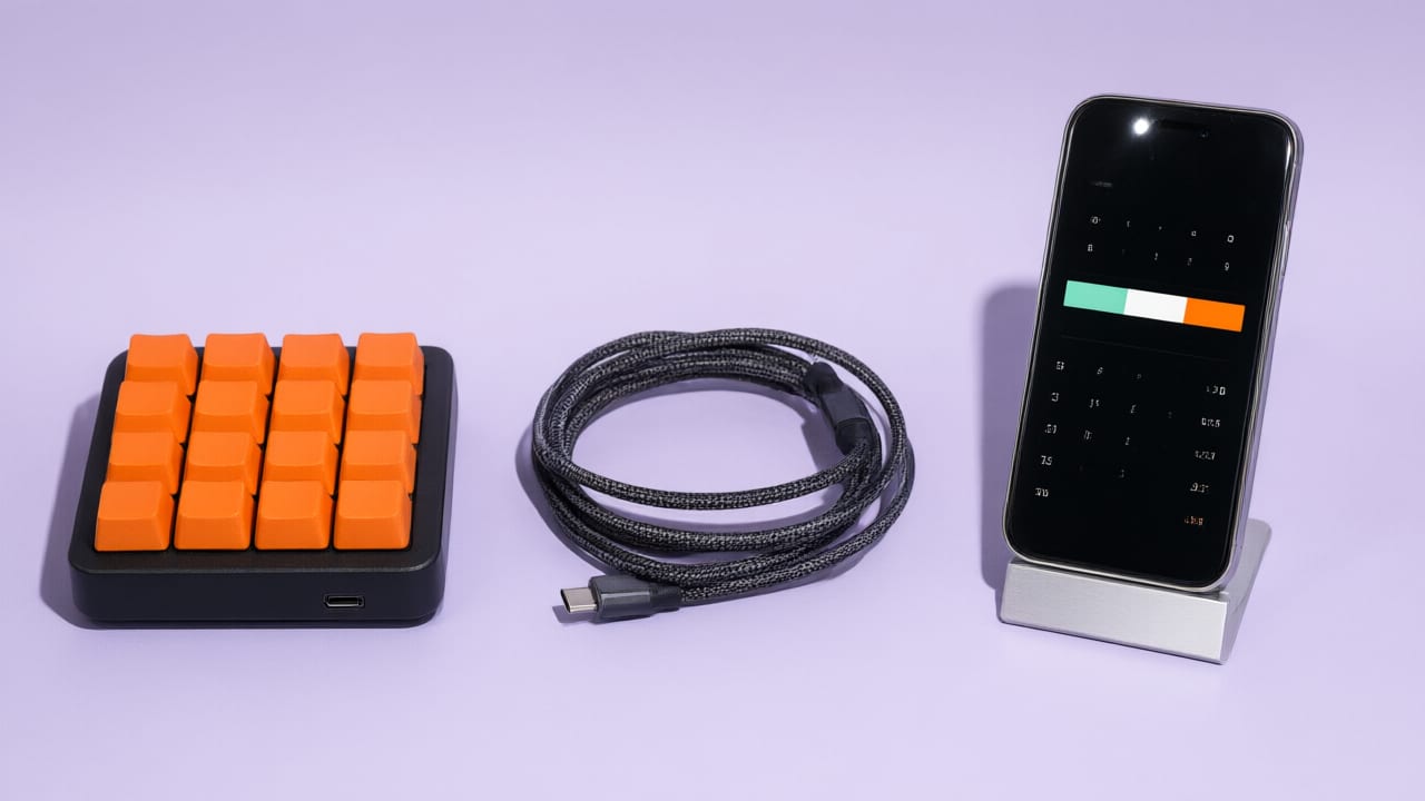 Macro keypad and a propped phone running the splitter console on a lilac paper sweep