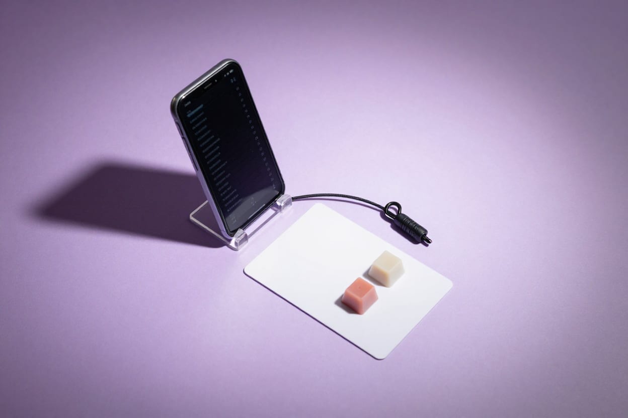Overhead desk still life with a phone showing a payout list